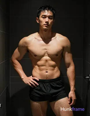 Asian man with light to medium tan skin glistening from water droplets, standing in a dark tiled sho
