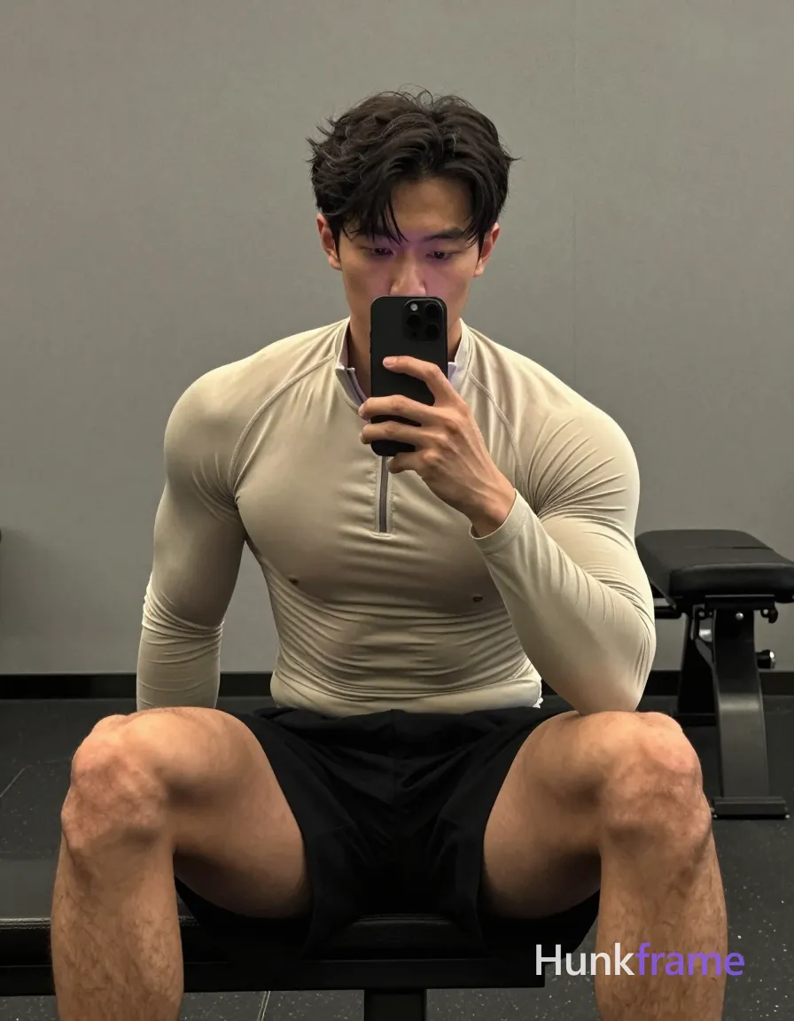 Asian man with light-medium skin and short dark wavy hair parted left, clean-shaven chin with light upper lip stubble; Seated on gym floor knees bent legs spread apart torso leaning forward holding black smartphone vertically in right hand obscuring lower face looking down at screen; Beige long-sleeve an anonymous figure quarter-zip compression shirt worn open over bare chest revealing defined pectorals and light chest hair; Black athletic shorts ending mid-thigh showing thick thighs muscular calves; Gym interior plain gray wall background with black weight bench to right soft directional lighting from left side creating subtle shadows on face and torso mirror selfie aesthetic slightly grainy texture natural color grading vertical portrait orientation 13:19 aspect ratio contemplative minimalist mood; single clean uninterrupted photograph with a cohesive editorial composition and plain continuous surrounding surfaces