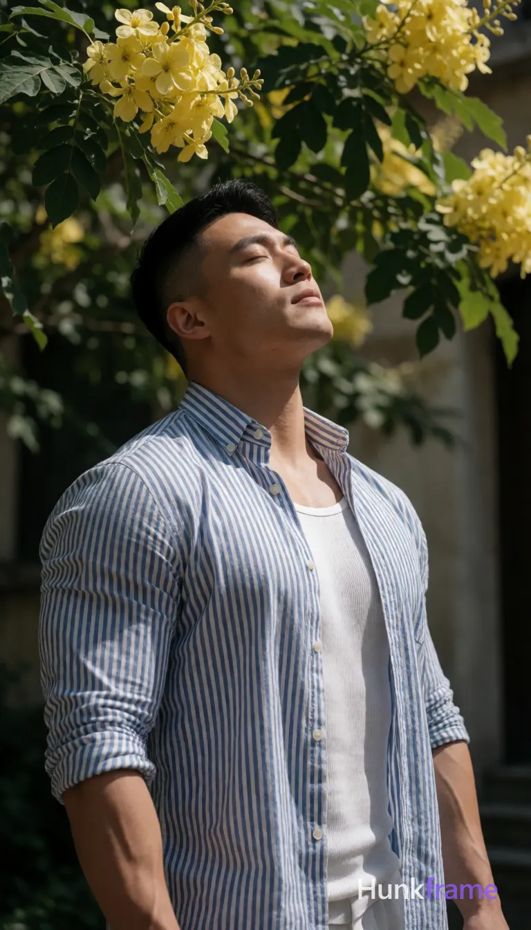 Heavily muscular adult man with substantial muscle mass, wide shoulders, thick neck, large chest and arms, powerful thighs, and dense bodybuilding proportions; Asian man with short dark undercut hair and clean-shaven face, serene expression eyes closed tilting head upward toward yellow blossoms; Standing upright slight lean back arms relaxed at sides wearing blue-and-white vertically striped button-down shirt sleeves rolled to mid-forearm over white ribbed tank top visible neckline torso coverage artistic partial nude chest exposed broad shoulders defined pectorals and abdominal muscles outdoors under flowering tree with green leaves blurred architectural background natural sunlight from above-left casting dappled shadows shallow depth of field fine-art photography dramatic lighting sculpted masculine form vertical portrait 13:19 aspect ratio; single clean uninterrupted photograph with a cohesive editorial composition and plain continuous surrounding surfaces