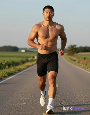 A rugged adult man with tanned skin and a short textured dark buzz cut runs mid-stride on a rural pa
