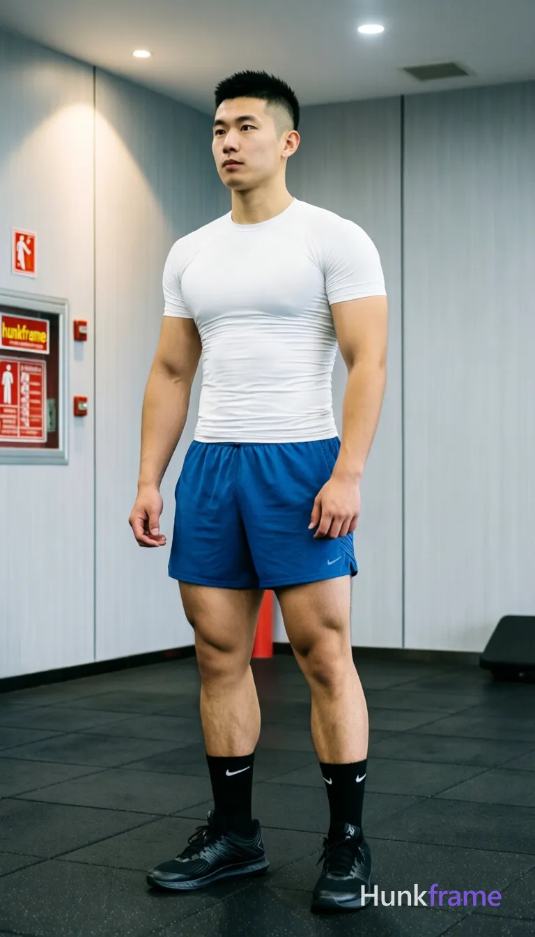 Asian man with short black buzz cut and high fade, clean-shaven face with neutral focused gaze standing upright slightly left; Wearing white fitted compression t-shirt covering torso completely, blue athletic shorts ending mid-thigh exposing thick thighs and calves, black crew socks with white Nike swoosh logo, black athletic sneakers; Indoor gym setting with light gray paneled walls, dark tiled flooring, fire safety signage on left wall; Overhead recessed lighting casting soft shadows, even ambient illumination with slight directional highlight from above-left; Full-body vertical shot head to mid-calf centered in frame; Clean composition naturalistic lighting documentary-style framing xiaohongshu lifestyle vibe candid social feed look trendy influencer aesthetic; FULL TEXT REPLACEMENT: remove every original source word, sentence, slogan, logo, and partial spelling from the text-bearing area, then replace it with only the wordmark, spelled exactly "hunkframe" on the sign in the composition; This is replacement; Preserve appropriate typography and scale; No other visible text, logo, caption, username, hashtag, comment, watermark, or UI chrome, same aesthetic theme and photo; single clean uninterrupted photograph with a cohesive editorial composition and plain continuous surrounding surfaces
