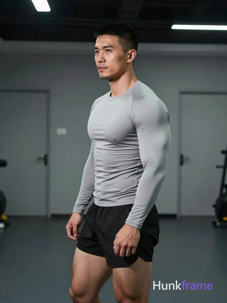 Photograph of exactly 1 adult man. Man 1: Asian, light-medium, square-jawed with defined cheekbones, short black buzz cut, textured top, clean sides and back, clean-shaven chin and upper lip, light stubble on jawline. Man 1 has fully exposed eyes, eyebrows, temples and nose bridge. Muscular man with broad shoulders, thick thighs stands in profile. Right arm bent near waistband while left leg steps slightly forward. Fitted light gray long-sleeve compression shirt over black athletic shorts. Vertical portrait framing the subject from head to mid-thighs center-left. Indoor gym space featuring gray walls, dark ceiling beams, double doors. Cool overhead fluorescent strips cast dramatic directional shadows on skin. Fine-art photography aesthetic with sculpted lighting emphasizing masculine form
