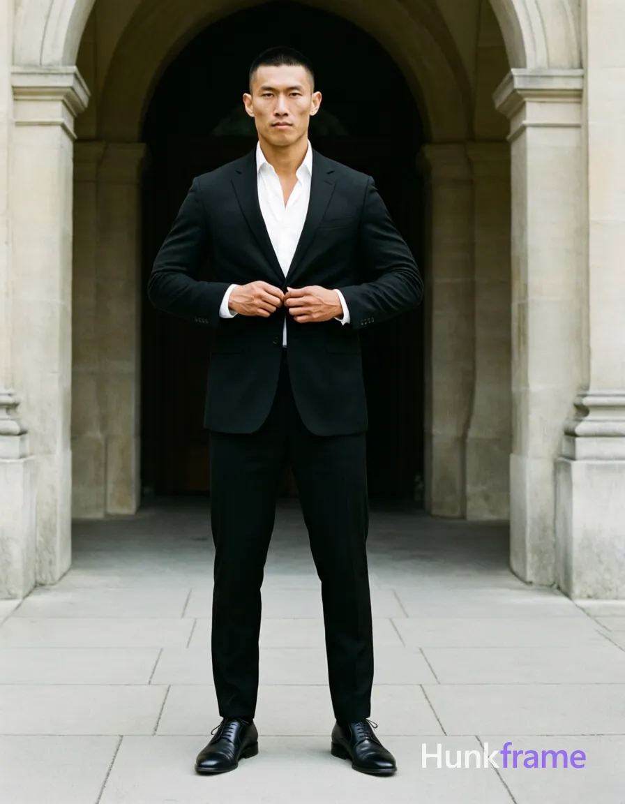 an anonymous figure man with light to medium tan skin and short black buzz cut stands upright in front of an arched doorway, adjusting a single-breasted black tailored suit jacket at the button line; He wears a white dress shirt with collar unbuttoned at top, matching black trousers, and black leather dress shoes; Full-body shot from head to shoes centered vertically within stone architecture under soft natural daylight overcast shadows; Clean lines architectural framing minimalist composition conveying composed formal confident mood, same aesthetic theme and photo feel as the reference but a different man in a different pose with distinct body proportions, Chinese man, light tan skin, high cheekbones, lean wiry martial-arts physique; single clean uninterrupted photograph with a cohesive editorial composition and plain continuous surrounding surfaces
