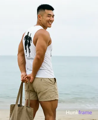Muscle bear style full-body portrait of Asian man with light-medium tan skin short black buzz cut ta