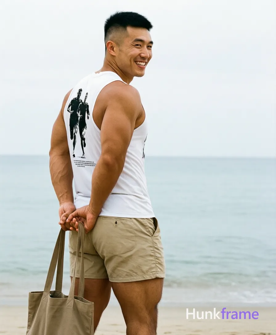 Muscle bear style full-body portrait of Asian man with light-medium tan skin short black buzz cut tapered sides back slightly longer top clean fade line visible at nape; Standing sideways to camera torso turned slightly right head rotated back smiling broadly looking over left shoulder toward camera hands behind hips holding beige tote bag straps against broad shoulders defined deltoids triceps visible abdominal definition through white sleeveless athletic tank top with black graphic print of running figures on back and small text below; Beige khaki shorts ending mid-thigh showing thick leg musculature under soft diffused daylight beach setting calm ocean horizon overcast sky vertical 13:19 aspect ratio centered full-body shot head to upper thighs naturalistic photography rugged warm confidence mood; single clean uninterrupted photograph with a cohesive editorial composition and plain continuous surrounding surfaces