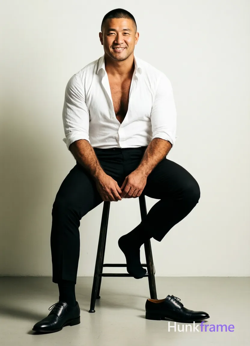 Asian man with medium-tan skin and short black buzz cut seated on tall stool, right leg crossed over left knee; White button-down shirt sleeves rolled to elbows, top buttons undone revealing bare chest from collarbone to upper abdomen; inner thighs exposed by pose; Black trousers fitted through hips and thighs, black dress socks on both feet, one black leather oxford shoe worn on left foot with matching right shoe removed beside stool; Confident relaxed smile direct gaze toward camera against plain off-white wall; Soft directional key light front-left creating subtle shadows emphasizing broad shoulders meaty chest rugged warm confidence thick thighs broad shoulders dense body hair preserved big-and-hairy build clean lines high contrast between dark clothing and light background sharp focus professional studio setup full-body portrait head to toe including feet surrounding floor space centered vertically horizontally minimalist bear energy mood; FULL TEXT REPLACEMENT: remove every original source word, sentence, slogan, logo, and partial spelling from the text-bearing area, then replace it with only the wordmark; single clean uninterrupted photograph with a cohesive editorial composition and plain continuous surrounding surfaces