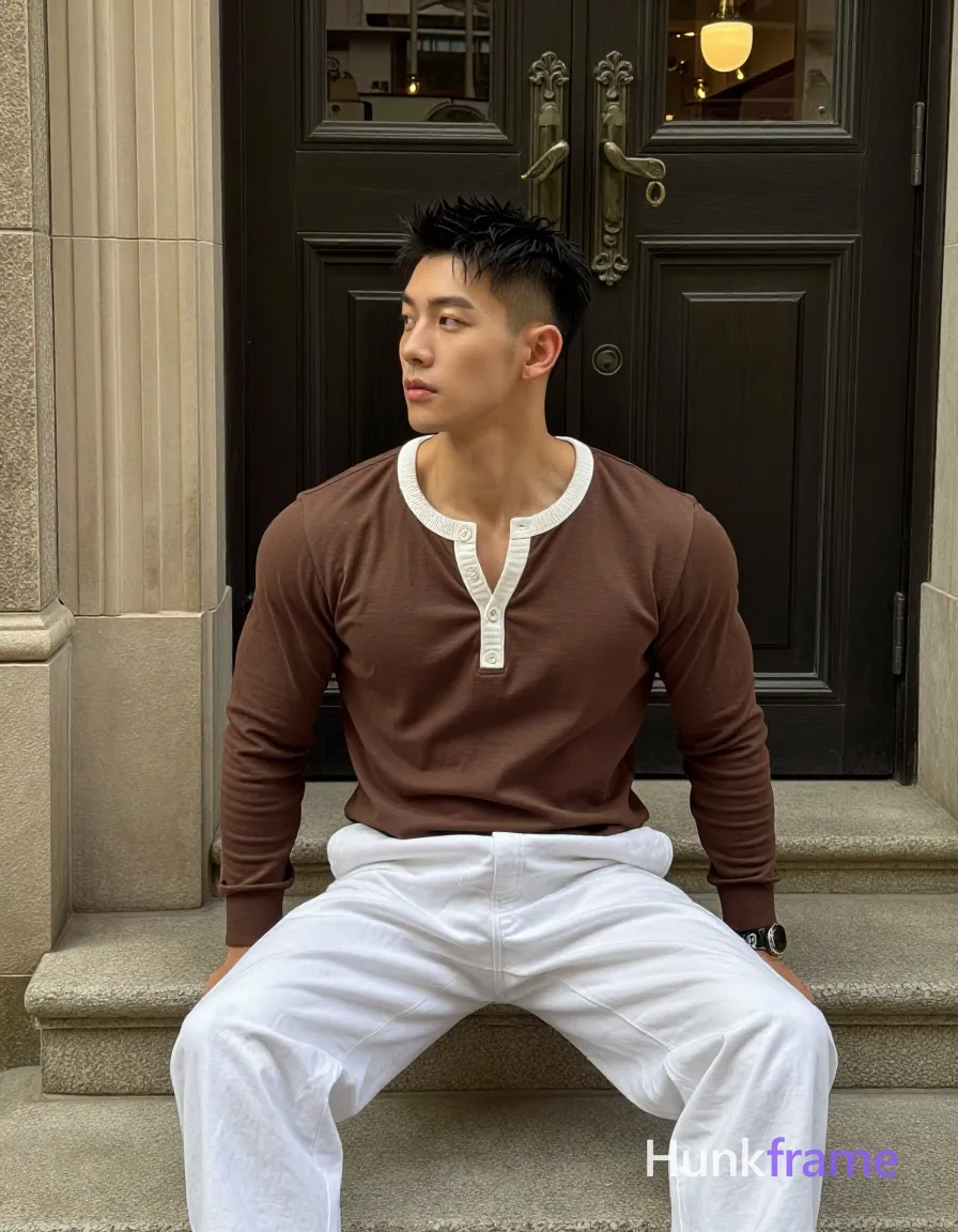 Asian man with short black textured spiky hair fading to tight buzz, clean-shaven face, neutral contemplative gaze; He sits on stone steps in front of dark ornate double doors wearing a brown long-sleeve henley shirt with white ribbed collar trim and button placket, paired with white wide-leg trousers; Lean build physique fully clothed from head to knees; Natural daylight illuminates earthy brown and stone beige tones against dark gray doors, shot on iPhone 15 Pro main camera, authentic smartphone computational photography, natural Smart HDR, vertical 9:16 Xiaohongshu lifestyle post, bright clean gym or cafe scene, wardrobe matching reference outfit, confident everyday blogger pose, phone photo with natural grain; single clean uninterrupted photograph with a cohesive editorial composition and plain continuous surrounding surfaces
