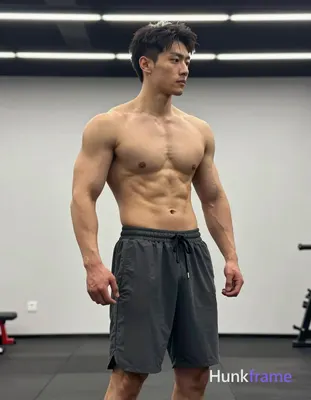 A striking vertical phone wallpaper of a muscular adult man standing shirtless in an indoor gym, tor