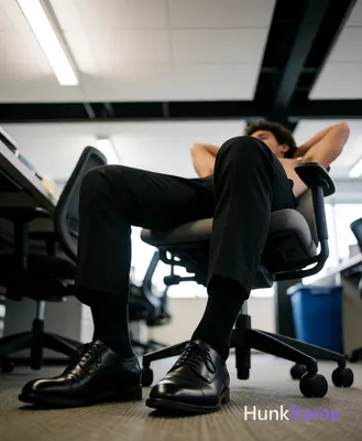 A handsome masculine man seated reclined in a modern office chair, head cropped 