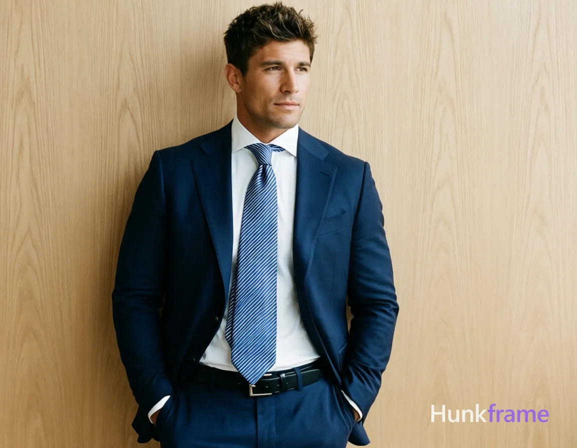 an anonymous figure man with fair to light tan skin and short textured dark brown hair styled upward, clean-shaven face, calm gaze slightly off-camera; Standing upright leaning against a light wood-paneled wall, hands in trouser pockets, shoulders relaxed squared to camera; Wearing a dark navy blue tailored suit jacket with notched lapels, white dress shirt fully buttoned under a blue and white diagonal striped silk tie knotted neatly at neck, matching dark navy trousers with visible belt loops and black leather belt featuring rectangular silver-toned buckle; High-resolution commercial portrait photography highlighting broad shoulders and meaty chest within the slim build aesthetic, rugged warm confidence conveyed through poised stance against minimalist background; single clean uninterrupted photograph with a cohesive editorial composition and plain continuous surrounding surfaces