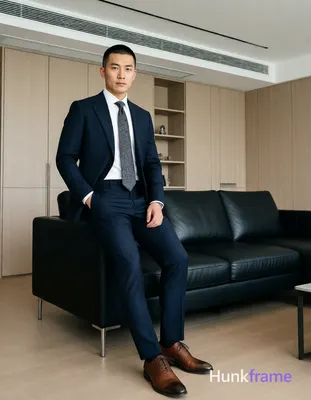 Asian man with short black buzz cut and clean-shaven face stands upright leaning against a black lea