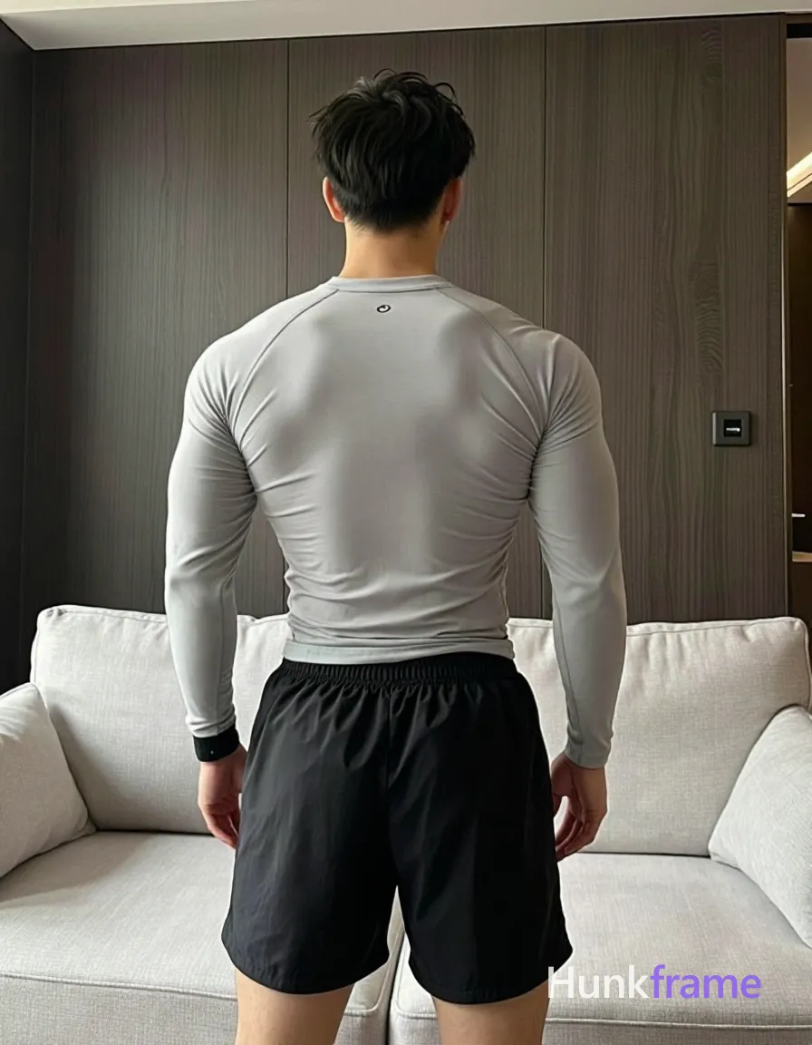 Adult man with short dark black straight hair and clean-shaven neck, back fully visible to camera standing in a modern living room; He wears a tight-fitting light gray long-sleeve compression shirt covering the torso completely and black athletic shorts ending mid-thigh; Defined latissimus dorsi and trapezius muscles are highlighted by soft natural daylight from an unseen window source against dark vertical wood-paneled walls and a light-colored sofa in background; Vertical phone-camera crop showing subject from head to upper thighs, centered composition with shallow depth of field focusing on back musculature details, shot on iPhone 15 Pro main camera, authentic smartphone computational photography, natural Smart HDR, vertical 9:16 Xiaohongshu lifestyle post, bright clean gym or cafe scene, wardrobe matching reference outfit, confident everyday blogger pose, phone photo with natural grain, phone held naturally in one hand for selfie, phone visible in frame; single clean uninterrupted photograph with a cohesive editorial composition and plain continuous surrounding surfaces