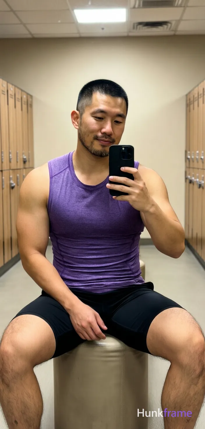 Asian man with short black buzz cut and light stubble sits on a cylindrical ottoman in a gym locker room, holding a black smartphone for a mirror selfie; He wears a tight purple sleeveless athletic tank top exposing his chest and abdomen, paired with mid-thigh black compression shorts showing thick thighs and muscular calves; The composition is vertical portrait 13:19, slightly tilted angle capturing the reflection in the mirror; Soft ambient indoor lighting from overhead fixtures illuminates light-medium skin tones against beige walls and wood paneling; Natural phone-camera aesthetic with confident casual mood; single clean uninterrupted photograph with a cohesive editorial composition and plain continuous surrounding surfaces