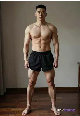 Asian man with short black buzz cut and clean-shaven face, shirtless bare chest 