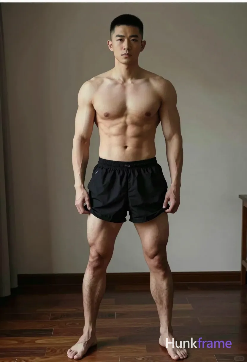 Asian man with short black buzz cut and clean-shaven face, shirtless bare chest showing defined abs and thick thighs. Pulling up black loose-fitting athletic shorts with elastic waistband at hip level, visible white brand tag inside. Living room dark wood floor soft directional light from left creating subtle shadows on right torso. Fine-art photography aesthetic sculpted lighting full body centered shot mid-thigh to head masculine focused mood., same aesthetic theme and photo feel as the reference but a different man in a different pose with distinct body proportions, German man, fair skin, strong brow ridge, lean cyclist legs, a single uninterrupted photograph only, no written words or typography anywhere in frame, no captions, no app UI, no social-media post layout, no screenshot borders