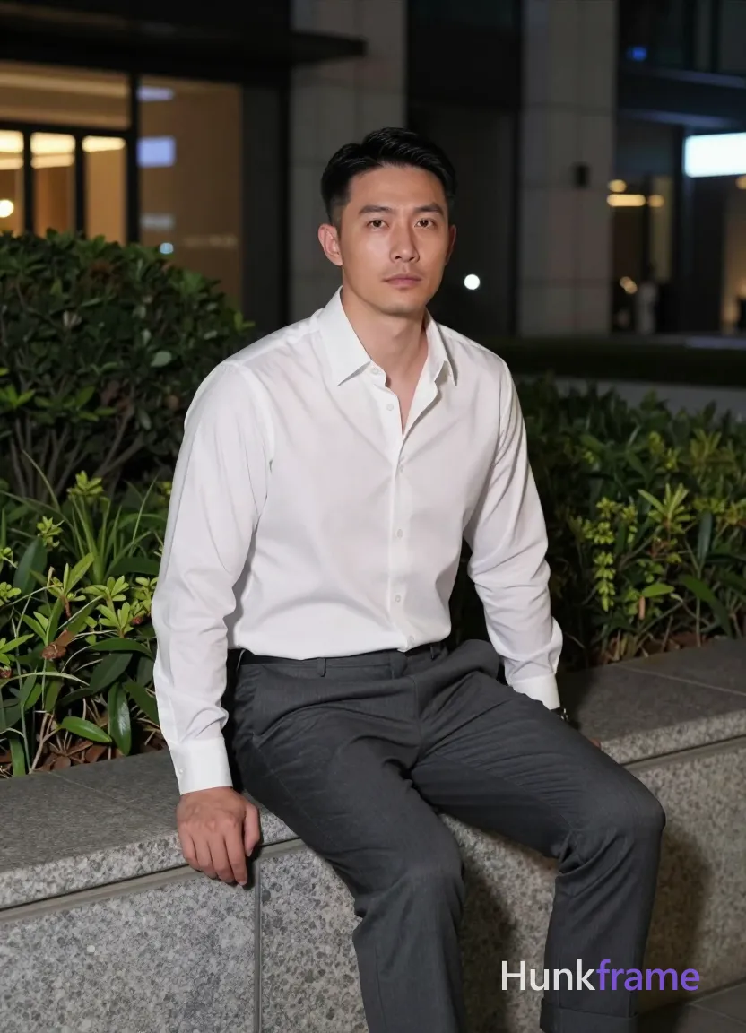 Photograph of exactly 1 adult man. Man 1: Asian, light-medium, oval with defined jawline, short black hair, straight texture, side-parted, clean-shaven head and neck, clean-shaven. Man 1 has fully exposed eyes, eyebrows, temples and nose bridge. Broad shoulders, thick thighs visible on Asian man. Seated sideways with right leg crossed over left knee. White long-sleeve button-up shirt unbuttoned at top two buttons paired with dark grey slim-fit trousers cuffed at hems. Vertical portrait full-body shot center-right composition seated on wide stone ledge structure. Outdoor urban night scene featuring modern building facade, manicured greenery surrounding the subject. Dramatic nighttime artificial ambient lighting with soft directional light illuminating front from left side. Fine-art photography fashion editorial aesthetic capturing sophisticated calm contemplative mood