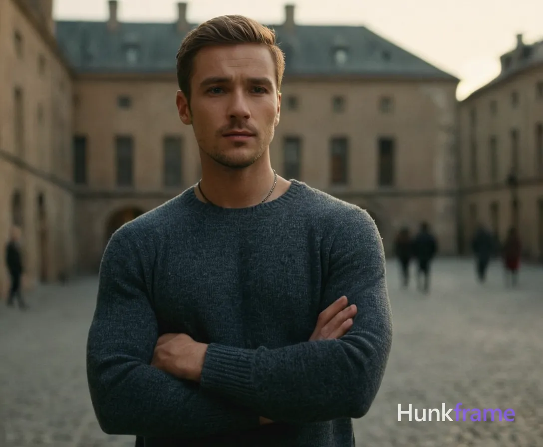 A Slavic man with pale skin and ash blond stubble stands in a dimly lit, cobblestone courtyard of an old European building during twilight. He has short, straight hair and is dressed casually in dark jeans and a light sweater, showing off his tall athletic frame through the layered outfit. The soft evening lighting creates subtle shadows over his muscular shoulders and arms, enhancing the romantic yet introspective mood of the scene. Background elements include ivy-covered walls and faint street lights in the distance, adding to the atmospheric feel of an old city at dusk. Photoreal photography capturing a masculine editorial portrait
