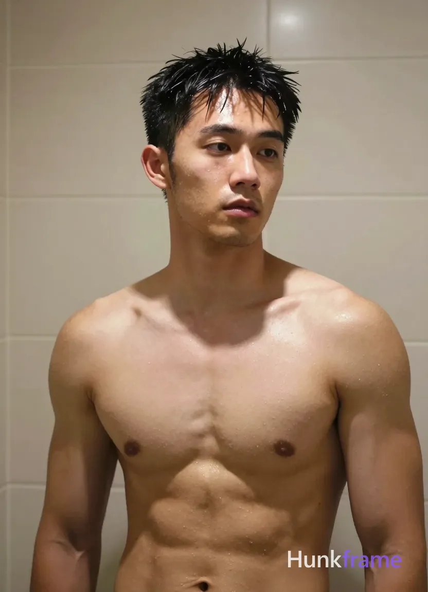 Asian man with tanned skin stands shirtless in an indoor bathroom, torso angled right and head turned left; Short black hair is slightly wet or glistening with textured definition; face is clean-shaven with a neutral to pensive gaze directed at the camera; Broad shoulders frame defined pectorals, visible abs, and sculpted obliques under high contrast overhead artificial light creating specular highlights on wet skin; Close-up torso shot fills most of the vertical 13:19 portrait frame from chest up against beige tiled walls; single clean uninterrupted photograph with a cohesive editorial composition and plain continuous surrounding surfaces