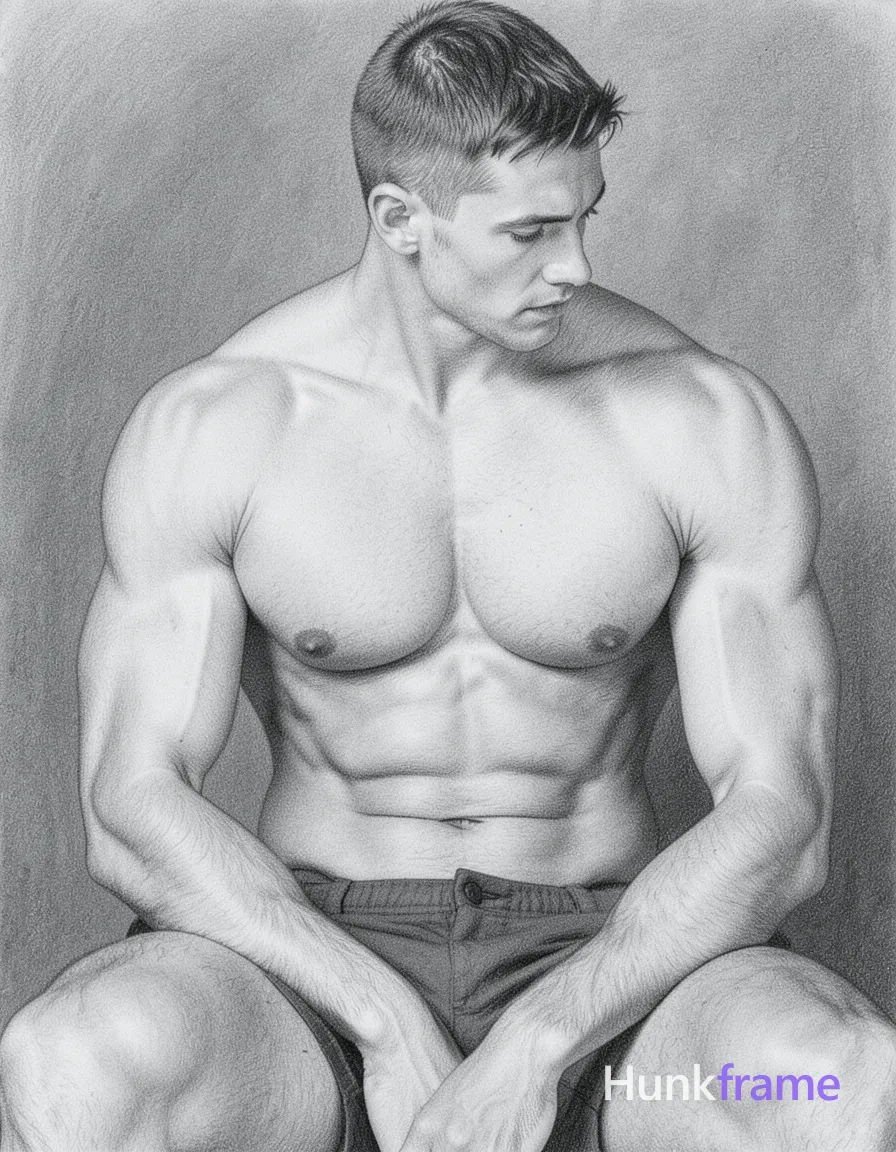 pencil drawing of a shirtless man with short hair, head slightly tilted downward and looking to the side. The torso is visible down to the shoulders but the head is out of frame. The scene has thick muscular thighs, soft lighting, muted gray tones, intimate and contemplative mood. Vertical portrait orientation with 1021:1176 aspect ratio on a 960x1088 canvas