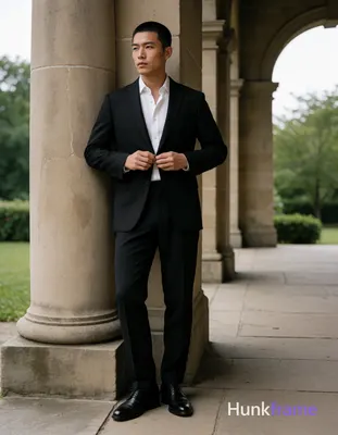 Asian man with short black buzz cut and clean-shaven face, neutral serious expression gazing off-cam