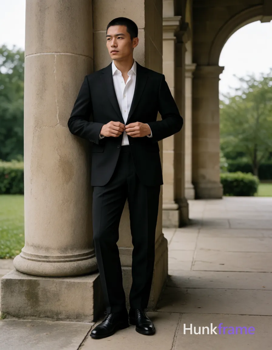 Asian man with short black buzz cut and clean-shaven face, neutral serious expression gazing off-camera left; Standing leaning against a stone column, right shoulder pressed in, weight on left leg while right foot rests on the base, knees slightly bent; Buttoning white button-down dress shirt under open collar without tie near mid-torso with both hands at chest level; Wearing black two-piece suit jacket and trousers, unobstructed face with both eyes, irises, eyebrows, temples, and nose bridge clearly visible visible, skin light-medium tone; Black leather oxford shoes, artistic partial nude neck exposed; Full-body shot center-left against large stone column background showing arched colonnade and greenery beyond; Soft natural daylight diffused by overcast sky or shaded environment, even illumination across face and body; Fine-art photography fashion editorial aesthetic sculpted posing premium styling muted earth tones accented by black suit and white shirt; single clean uninterrupted photograph with a cohesive editorial composition and plain continuous surrounding surfaces