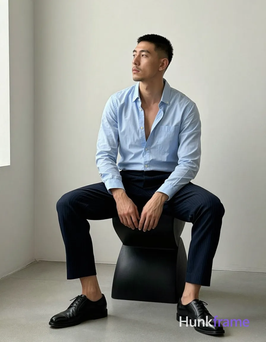 Asian adult man with short buzz cut and slight upper lip stubble, neutral contemplative gaze directed off-camera; Seated on a black sculptural stool in an indoor minimalist room with off-white walls, torso angled left while head turns upward to the side; Wearing light blue long-sleeve button-down shirt unbuttoned at top revealing chest and abdomen, single breast pocket visible, dark navy pinstripe dress trousers straight-leg cut, black leather oxford shoes with laces and cap-toe design; Full-body shot from mid-thigh up including feet, center-left composition; Soft directional lighting from right casting subtle shadows on left side of face and body, even ambient fill reducing harsh contrasts; Fine-art photography fashion editorial aesthetic sculpted lighting premium styling sophisticated minimalist mood 13:19 aspect ratio, shot on iPhone 15 Pro main camera, authentic smartphone computational photography, natural Smart HDR and true-to-life skin texture, vertical 9:16 Xiaohongshu lifestyle feed, bright clean everyday scene, unretouched phone photo with subtle sensor grain, trendy Chinese internet 网红 aesthetic, candid influencer energy; single clean uninterrupted photograph with a cohesive editorial composition and plain continuous surrounding surfaces