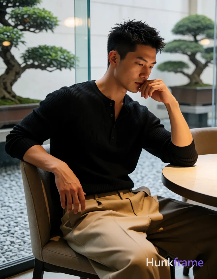 Photograph of exactly 1 adult man. Man 1: East Asian, medium tan with warm undertones, square jawline, defined cheekbones, straight nose bridge, short spiky black hair, textured top, tapered sides and back, clean-shaven chin and jawline, faint stubble on upper lip only. Man 1 has fully exposed eyes, eyebrows, temples and nose bridge. East Asian man with medium tan skin, broad shoulders sits contemplatively. Seated sideways on chair with left arm along backrest, right hand supporting chin. Black ribbed Henley shirt reveals upper chest while beige wide-leg trousers hang loosely. Vertical portrait crop from mid-thigh up to head angled slightly downward at round table. Indoor lounge with large glass window overlooking gravel garden, manicured bonsai trees. Soft natural daylight highlights face and arms while warm ambient light casts subtle shadows. Fine-art photography aesthetic emphasizing sculpted masculine form in minimalist urban-chic palette
