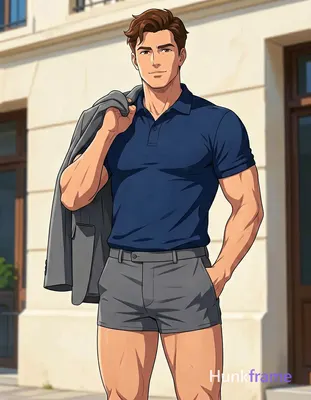 Polished anime 2.5D render of an adult white man with light-medium skin and brown short hair styled 