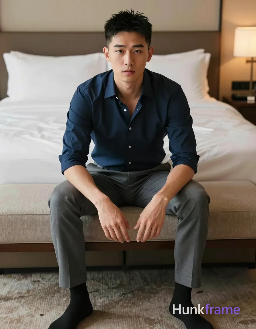 Asian man with medium-dark skin tone, short black hair styled up slightly, defined eyebrows maintaining neutral-to-confident expression while leaning forward slightly off-center on beige upholstered bench inside hotel bedroom setting. He wears navy button-down shirt rolled-sleeve style and grey dress trousers paired with black socks without shoes; full-body centered shot from head-to-feet showcasing broad shoulders defined chest arms bear energy vibe against backdrop of large bed white linens warm ambient lamp glow right side patterned carpet foreground., Subject leans forward slightly after finishing jacket removal gesture; hands now resting between knees or lightly touching thighs again post-action completion, Asian man with medium-dark skin tone, short black hair styled up slightly, defined eyebrows, neutral expression, straight nose, closed lips without visible teeth, no facial hair (clean-shaven), apparent adult age range mid-20s to early 30s., a single uninterrupted photograph only, no written words or typography anywhere in frame, no captions, no app UI, no social-media post layout, no screenshot borders