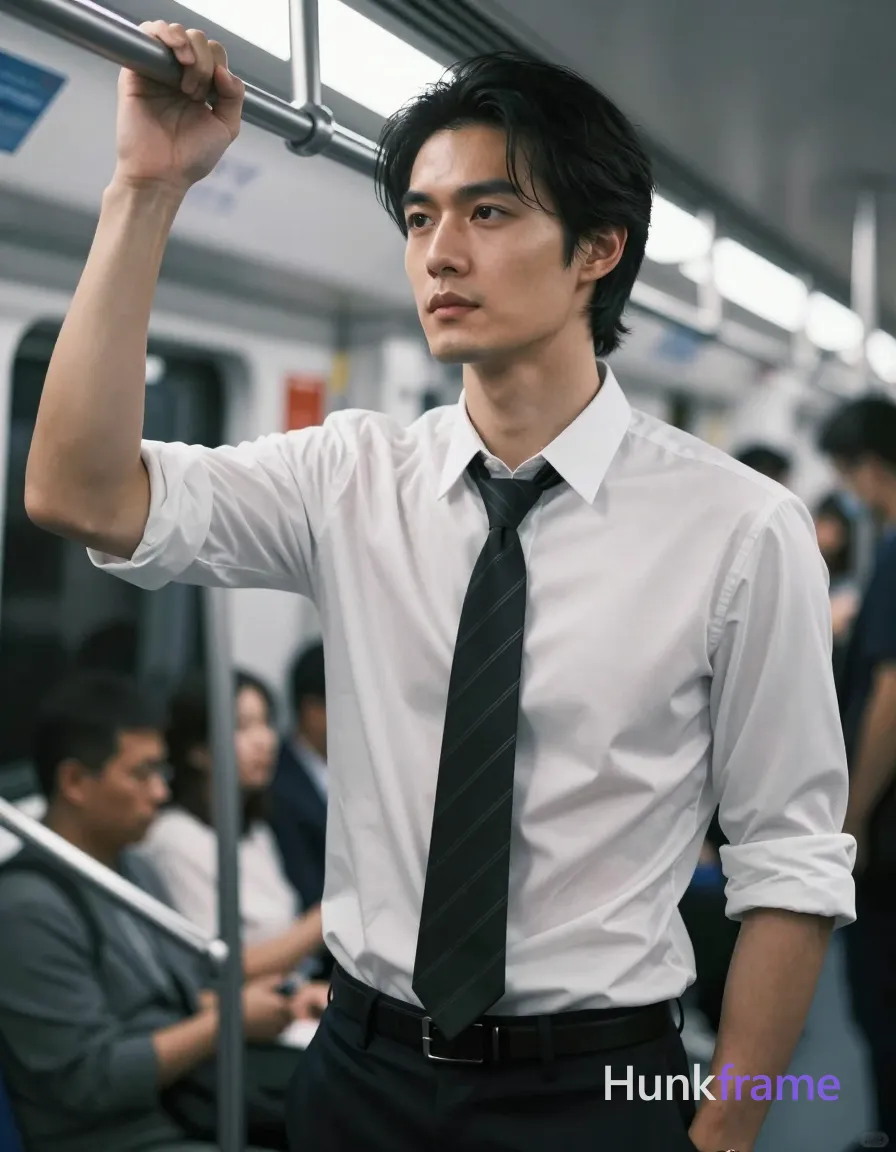 Asian man with light-medium warm skin, clean-shaven face, black medium-length side-parted hair. Standing on a subway train gripping an overhead silver rail with right hand, body angled slightly toward camera while head turns away in contemplation. Wearing tight-fitting white short-sleeved button-up shirt revealing defined pectorals and torso musculature through semi-transparent fabric, loose-knot black striped necktie, dark navy trousers with visible belt buckle. Chest-up portrait from chest to mid-thigh, center-left foreground against blurred commuters. Cool-toned fluorescent subway lighting creates high-contrast highlights on skin and sheen of shirt, soft shadows under jawline. Shallow depth of field isolates subject in dramatic cinematic composition., a single uninterrupted photograph only, no written words or typography anywhere in frame, no captions, no app UI, no social-media post layout, no screenshot borders