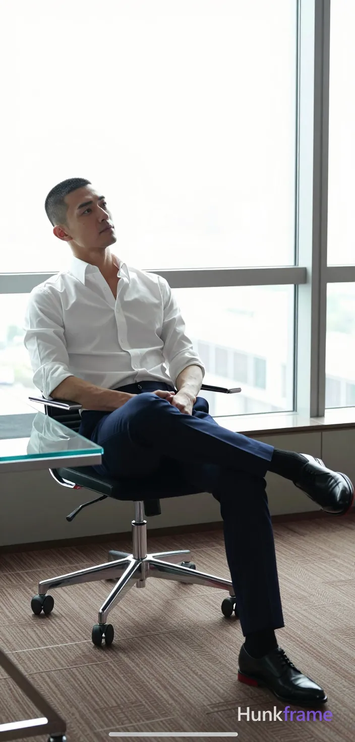 an anonymous figure man in his 30s with a short black buzz cut and clean-shaven face, gazing upward left. Seated relaxed on a chrome office chair base, leaning back slightly with hands clasped over lap. Wearing a white button-down shirt sleeves rolled to elbows revealing lean shoulders, dark navy dress trousers fully covering torso. Right leg extended onto glass desk surface showing red shoe sole accent, left foot planted on brown patterned carpet. High contrast window light from floor-to-ceiling windows illuminating the scene with soft interior ambient glow. Vertical portrait composition 13:19, center-left framing extending legs to right foreground. Mood of relaxed confidence and premium fashion editorial aesthetic., same aesthetic theme and photo feel as the reference but a different man in a different pose with distinct body proportions, Japanese man, soft masculine features, straight black hair, slim dancer build, a single uninterrupted photograph only, no written words or typography anywhere in frame, no captions, no app UI, no social-media post layout, no screenshot borders