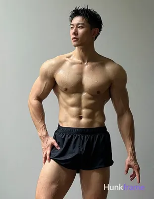 Asian man with light to medium tan skin glistening from water droplets He is shirtless showing broad