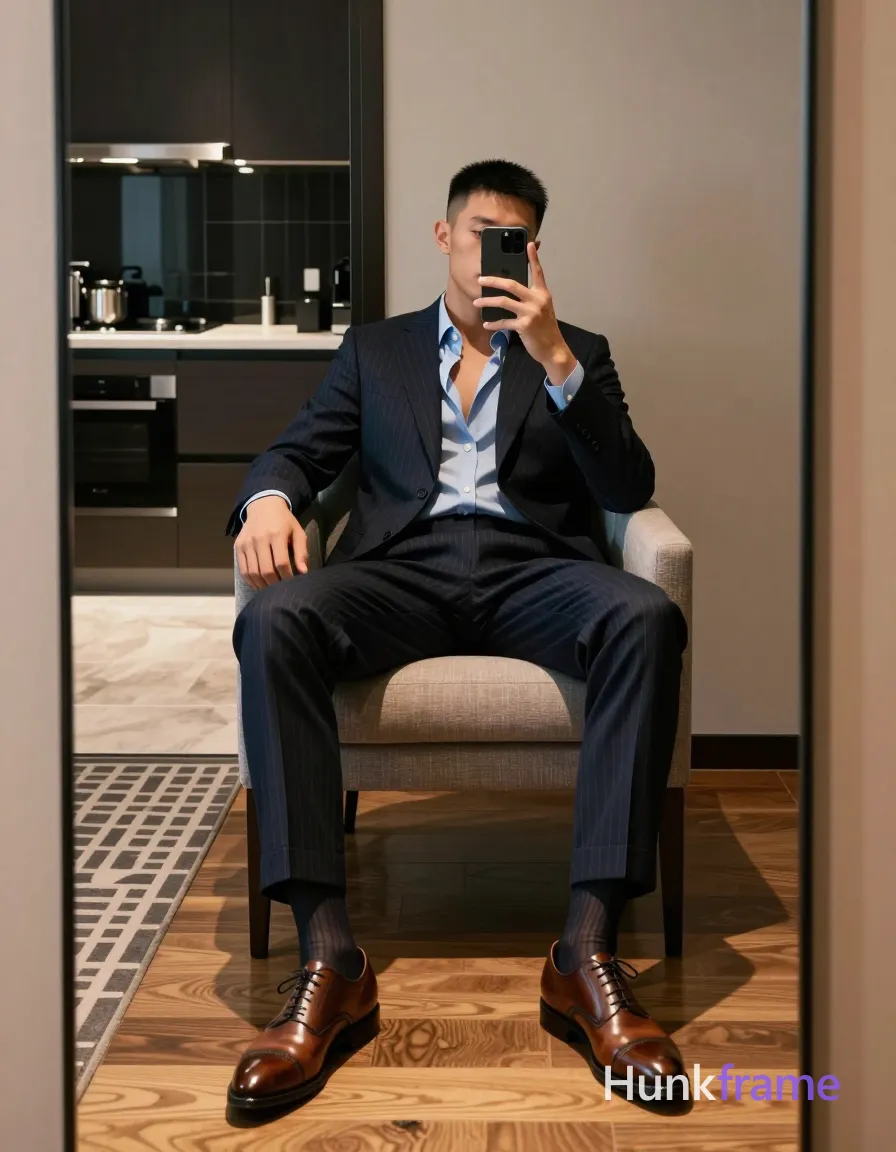 an anonymous figure man with light to medium tan skin and short black straight hair, clean-shaven face, seated in armchair taking mirror selfie; Dark navy pinstripe suit jacket open over bare chest, light blue button-down collar unbuttoned without tie, brown leather lace-up oxford shoes with dark socks; Full-body shot from knees up to head via reflective surface distortion; Modern hotel suite interior with wooden flooring and geometric-patterned rug on center-left position; Kitchenette background visible in mirror reflection featuring dark tiled backsplash and countertop appliances; Soft ambient indoor lighting reflecting off polished wood floors, palette of navy blue charcoal gray tan brown cream beige black; Sophisticated confident stylish contemporary luxury mood fine-art photography dramatic yet soft lighting tailored suit textures bare-chested silhouette symmetry through mirror reflection quiet confidence high-end lifestyle branding vertical portrait orientation 832x1216 canvas; single clean uninterrupted photograph with a cohesive editorial composition and plain continuous surrounding surfaces