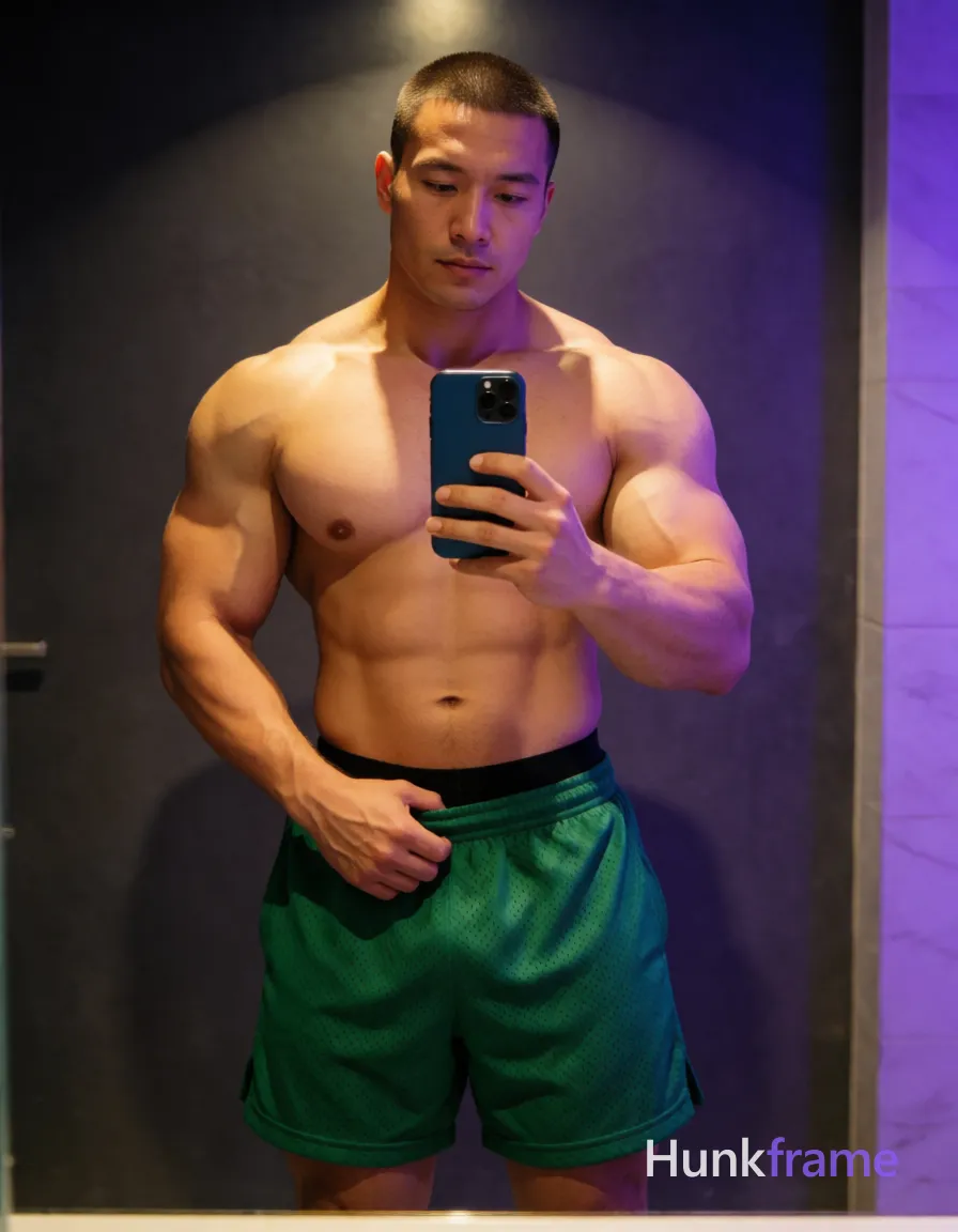 Heavily muscular adult man with substantial muscle mass, wide shoulders, thick neck, large chest and arms, powerful thighs, and dense bodybuilding proportions; Asian man with light to medium tan skin and short buzz cut stands shirtless before a mirror, broad shoulders and defined pectorals prominent; He wears green mesh athletic shorts mid-thigh length with black underwear waistband visible above; Right hand grips the waistband while left holds dark blue smartphone capturing reflection in large bathroom mirror; Warm overhead highlights contrast cool purple ambient glow from right side against dark gray walls; Vertical full-body shot head to mid-thighs, slightly grainy phone camera texture, confident intimate mood; single clean uninterrupted photograph with a cohesive editorial composition and plain continuous surrounding surfaces