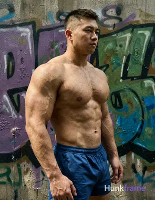 A photoreal portrait of a shirtless muscular man with well-defined chest and arm muscles standing in
