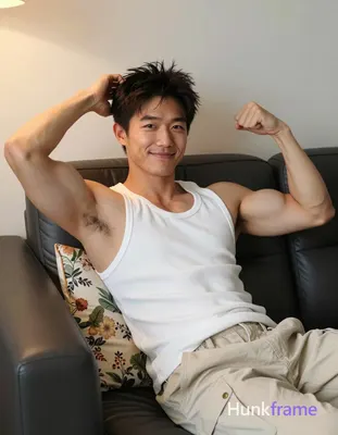 Asian man with light-medium skin and short tousled dark hair, clean-shaven face 
