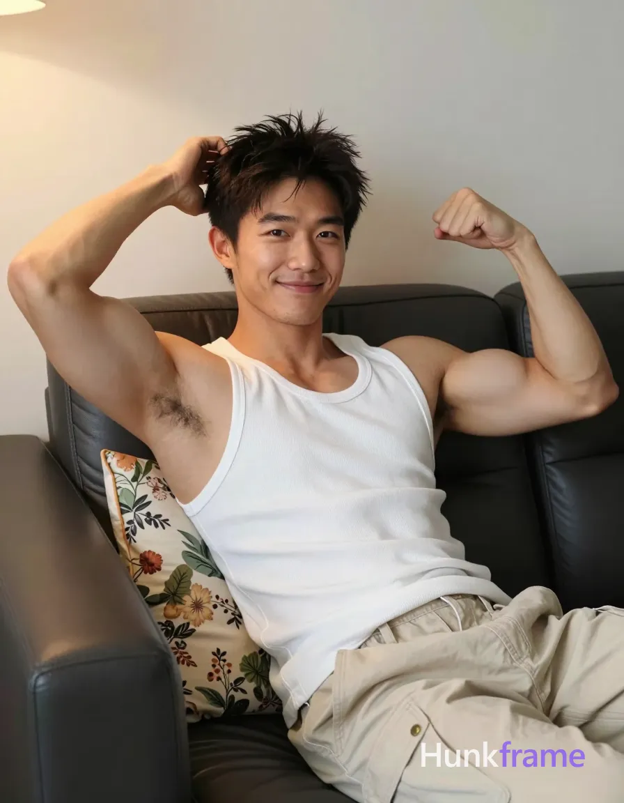 Asian man with light-medium skin and short tousled dark hair, clean-shaven face smiling slightly at camera. Reclining on a dark leather sofa leaning back left arm raised hand running through interlaced strands of hair right arm bent clenched near shoulder displaying flexed bicep and forearm muscles. Wearing white ribbed tank top with black text 'LCONE TOGATHEATYEAR' on chest light beige cargo pants with visible gold button side pocket. Indoor living room setting floral-patterned pillow warm ambient lighting from left casting soft shadows shallow depth of field naturalistic photography portrait centered occupying most frame head to mid-thighs full-bleed vertical phone-wallpaper composition clean negative space screen-safe one vivid mood. Include exactly one visible wordmark, spelled exactly "HF", as a small garment print; preserve its appropriate typography and scale. No other visible text, logo, caption, username, hashtag, comment, watermark, or UI chrome., a single uninterrupted photograph only, no written words or typography anywhere in frame, no captions, no app UI, no social-media post layout, no screenshot borders