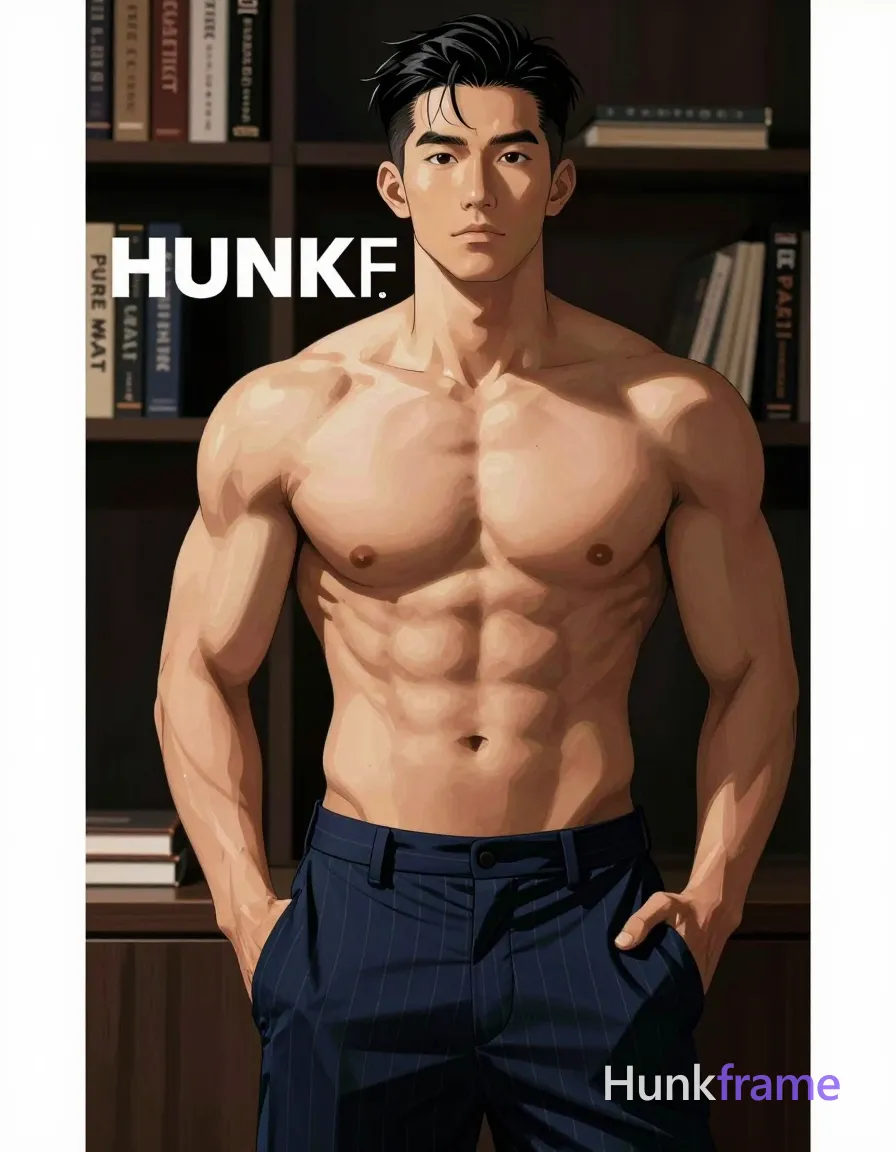 Asian man with short black hair styled back, clean-shaven face, neutral direct gaze standing center-left. Shirtless bare torso revealing highly muscular chest and abs, defined pectorals, six-pack abs, visible vascularity on arms against dark blue pinstriped trousers. Hands deep in trouser pockets creating a teasing relaxed pose. Indoor studio setting with dark bookshelf background featuring spines 'PURE MALT' and 'E PAPILLON'. Dramatic directional lighting from front-right casts high-contrast highlights on tanned skin and sculpted muscles, warm tans mixed with deep blues. Polished anime 2.5D next-gen game art style, waist-up portrait crop to mid-thigh, premium masculine editorial mood. Include exactly one visible wordmark, spelled exactly "HUNKFRAME", in the same compositional text position; preserve its appropriate typography and scale. No other visible text, logo, caption, username, hashtag, comment, watermark, or UI chrome., same aesthetic theme and photo feel as the reference but a different man in a different pose with distinct body proportions, German man, fair skin, strong brow ridge, lean cyclist legs, a single uninterrupted photograph only, no written words or typography anywhere in frame, no captions, no app UI, no social-media post layout, no screenshot borders