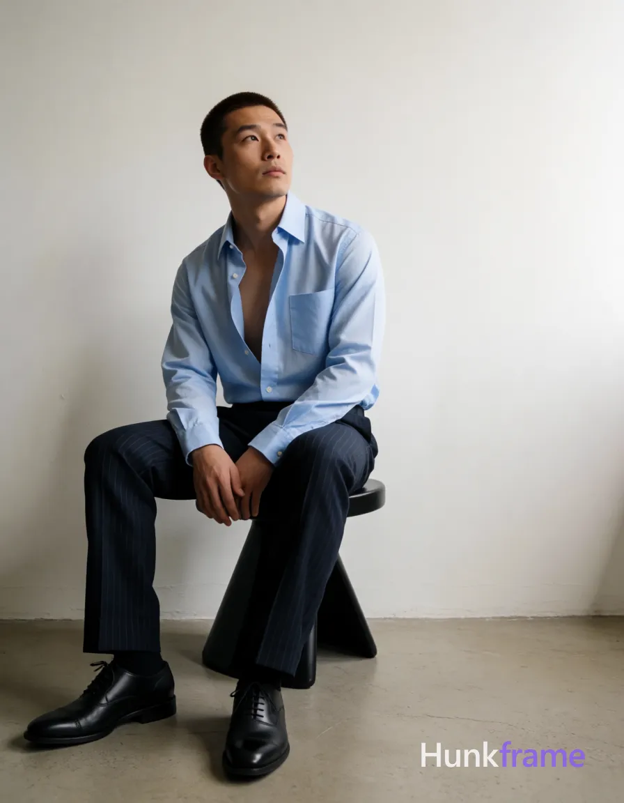Asian man with short buzz cut dark brown hair and slight upper lip stubble seated on a black sculptural stool, torso angled left while head turns upward contemplatively; Wearing unbuttoned light blue long-sleeve button-down shirt exposing chest and abdomen, single breast pocket visible, paired with dark navy pinstripe straight-leg trousers and black leather cap-toe oxford shoes; Full-body shot from mid-thigh up including feet in center-left composition against off-white minimalist walls and neutral concrete floor; Soft directional lighting from right casts subtle shadows on left side of face and broad shoulders, defined pectorals, toned abs, thick thighs; Fine-art photography fashion editorial aesthetic with sculpted lighting premium styling sophisticated mood 13:19 aspect ratio; single clean uninterrupted photograph with a cohesive editorial composition and plain continuous surrounding surfaces