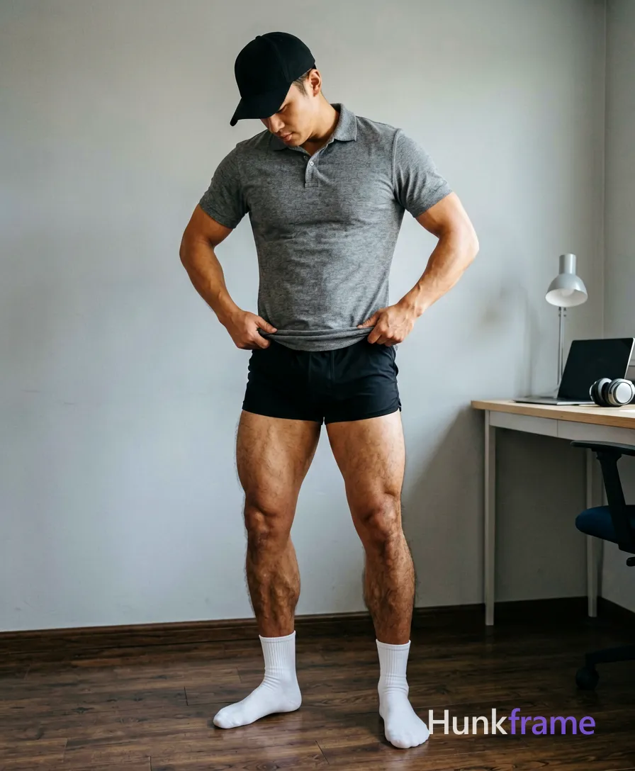 Confident adult man with light to medium tan skin poses sideways in a tasteful suggestive vertical shot, head bowed under a low black baseball cap; He grips the waistband of his heather grey polo shirt and pulls it up mid-thigh with both hands, shifting weight onto the right leg; thick thighs and defined calves are fully exposed below knee-length black athletic shorts; White crew socks show on bare feet against dark wood flooring; The setting is an indoor room with light grey walls, a desk, laptop, lamp, and headphones to the right; Soft directional natural light from the right highlights his sculpted physique; securely fitted underwear or swim trunks with complete frontal coverage; single clean uninterrupted photograph with a cohesive editorial composition and plain continuous surrounding surfaces