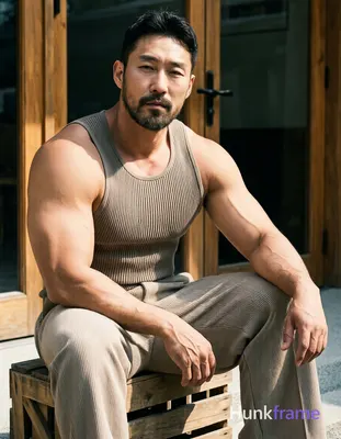 Seated adult man on wooden crate, torso angled right, left arm resting along thigh with hand near kn