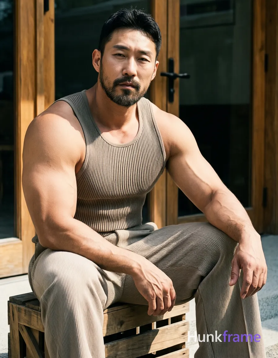 Seated adult man on wooden crate, torso angled right, left arm resting along thigh with hand near knee, right arm bent elbow over lap. Wearing ribbed beige sleeveless tank top and matching wide-leg trousers in neutral tone. Broad shoulders, defined pectorals, large biceps, visible forearm veins, thick thighs. Short dark beard and mustache, hairline cropped out of frame. Neutral serious gaze directed slightly off-camera. Outdoor setting with wooden-framed glass doors background. Natural sunlight casting soft directional highlights on skin and fabric. High-contrast fashion editorial photography emphasizing textured ribbed fabric detail. Vertical portrait crop from upper chest to mid-thigh centered composition. Include exactly one visible wordmark, spelled exactly "hunkframe", on the sign in the composition; preserve its appropriate typography and scale. No other visible text, logo, caption, username, hashtag, comment, watermark, or UI chrome., same aesthetic theme and photo feel as the reference but a different man in a different pose with distinct body proportions, lean Korean man, sharp jaw, monolid eyes, slim swimmer build, natural black hair, a single uninterrupted photograph only, no written words or typography anywhere in frame, no captions, no app UI, no social-media post layout, no screenshot borders