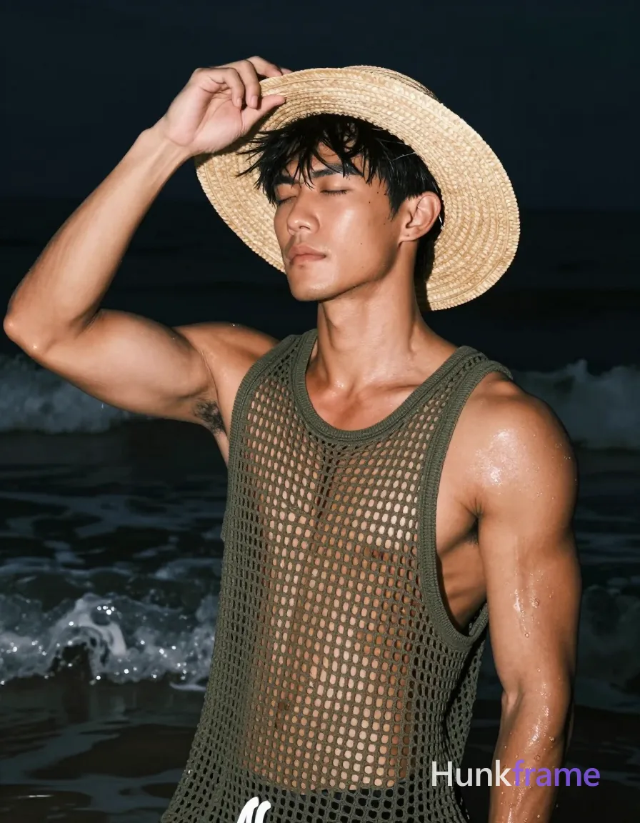 Asian man with tanned skin and short black straight hair stands in shallow water at night, adjusting a wide-brimmed straw hat on his head; He is shirtless with an olive-green open-knit mesh garment draped over shoulders exposing the entire chest and abdomen; Broad shoulders defined pectorals visible abdominal definition clean-shaven face relaxed expression eyes closed squinting against light torso angled toward camera close-up framing from mid-chest up to forehead shallow depth of field blurring dark ocean waves background dramatic directional lighting highlighting sculpted musculature skin sheen high-contrast fine-art photography vertical portrait orientation, same aesthetic theme and photo feel as the reference but a different man in a different pose with distinct body proportions, German man, fair skin, strong brow ridge, lean cyclist legs; single clean uninterrupted photograph with a cohesive editorial composition and plain continuous surrounding surfaces