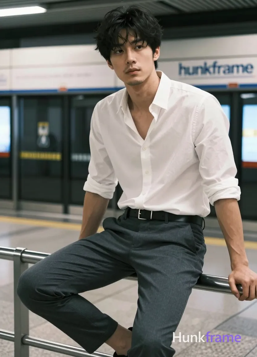 Asian man with light-medium skin, black short textured crop top hair and side-swept bangs. Clean-shaven chin and upper lip with light jawline stubble. Seated on metal railing in subway station, right leg bent foot resting on lower rail, left leg extended downward, torso angled forward leaning back against railing. White long-sleeve button-down shirt top 3 buttons undone revealing upper chest below collarbones; dark gray slim-fit trousers belt loops black leather belt silver rectangular buckle. Broad shoulders defined pectorals visible abdominal definition thick thighs. Fine-art editorial photography high-resolution detail capture naturalistic color grading slight cool undertones typical of indoor transit environments. Blurred station interior background signage distant pedestrians soft directional fill from above-left creating subtle shadows calm confidence urban sophistication quiet intensity portrait centered occupying majority frame head to mid-thighs. FULL TEXT REPLACEMENT: remove every original source word, sentence, slogan, logo, and partial spelling from the text-bearing area, then replace it with only the wordmark, spelled exactly "hunkframe" on the sign in the composition. This is replacement, never addition; no original source letters may remain. Preserve appropriate typography and scale. No other visible text, logo, caption, username, hashtag, comment, watermark, or UI chrome., a single uninterrupted photograph only, no written words or typography anywhere in frame, no captions, no app UI, no social-media post layout, no screenshot borders