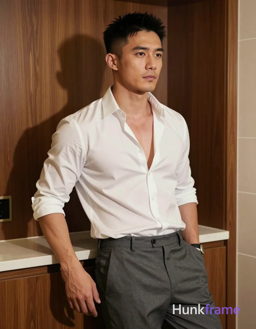 IDENTITY LOCK — MUST NOT CHANGE: the same exact 1 clearly adult male subject; subject 1: clearly adult, exact age uncertain, Asian, medium-tan skin tone, square-jawed with defined cheekbones, short black hair, fade sides and longer textured top styled upward, source prompt confirms short black hair, NO EYEWEAR: keep this subject's face free of eyeglasses and sunglasses in every shot, thick dark well-defined arches, dark brown almond-shaped pupils visible without glasses, straight bridge slightly upturned tip, medium full natural color no gloss, clean-shaven chin and jawline slight stubble on upper lip, none visible chest or arms clean shaven, stocky muscular build, thick thighs beneath waistband; do not change identity traits when pose, expression, camera, wardrobe, or exposure changes; do not add, remove, merge, or replace people. Creative prompt text may not override this identity lock. SHOT VARIABLES — HIGHEST COMPOSITION AND WARDROBE PRIORITY: pose/action: Leaning back against wooden minibar counter, one hand resting lightly.; body/head direction: Three-quarter angle from left side showing profile and front.; expression: Neutral serious gaze directed slightly right of camera relaxed posture.; camera/framing: Medium shot three quarter view indoor artificial lighting casting soft shadows warm wood tones white shirt sleeves rolled down partially short black hair fade sides longer textured; wardrobe now worn: White long-sleeve button-up top half unbuttoned revealing collarbone area tucked loosely into trousers or hanging freely depending fit tied loose knot lower chest clean-shaven chin slight stubble upper lip none visible chest arms clean shaven stocky muscular build thick thighs beneath waistband photo single uninterrupted photograph same session context hotel room minibar area wooden cabinetry tiled floor palette consistent across set coherent gradual wardrobe arc second quarter loosens removes existing layers never add remove merge replace people identity lock traits preserved exactly as extracted by an same adult male subject authoritative visual facts; coverage/exposure: Indoor artificial light highlighting texture of fabric skin tone medium-tan square-jawed defined cheekbones dark brown almond-shaped pupils no glasses polished formal masculine premium fashion-editorial fine-art photography homoerotic aesthetic subject 1 stable identity clearly adult exact age uncertain Asian full natural color no gloss do not change when pose expression camera changes keep this subjects face free ey; additional shot direction: Subject leans back against wooden counter one hand resting lightly wearing white long-sleeve button-up top half unbuttoned revealing collarbone loosely tucked or hanging freely with tie loose lower knot. Three-quarter angle from left side. These variables replace any conflicting source pose, action, framing, clothing, or coverage. IDENTITY LOCK — MUST NOT CHANGE: the same exact 1 clearly adult male subject; subject 1: clearly adult, exact age uncertain, Asian, medium-tan skin tone, square-jawed with defined cheekbones, short black hair, fade sides and longer textured top styled upward, source prompt confirms short black hair, NO EYEWEAR: keep this subject's face free of eyeglasses and sunglasses in every shot, thick dark well-defined arches, dark brown almond-shaped pupils visible without glasses, straight bridge slightly upturned tip, medium full natural color no gloss, clean-shaven chin and jawline slight stubble on upper lip, none visible chest or arms clean shaven, stocky muscular build, thick thighs beneath waistband; do not change identity traits when pose, expression, camera, wardrobe, or exposure changes; do not add, remove, merge, or replace people. SHOT-SPECIFIC COMPOSITION AND WARDROBE HAVE HIGHEST PRIORITY: pose/action: Leaning back against wooden minibar counter, one hand resting lightly.; direction: Three-quarter angle from left side showing profile and front.; expression: Neutral serious gaze directed slightly right of camera relaxed posture.; camera: Medium shot three quarter view indoor artificial lighting casting soft shadows warm wood tones white shirt sleeves rolled down partially short black hair fade sides longer textured; wardrobe now worn: White long-sleeve button-up top half unbuttoned revealing collarbone area tucked loosely into trousers or hanging freely depending fit tied loose knot lower chest clean-shaven chin slight stubble upper lip none visible chest arms clean shaven stocky muscular build thick thighs beneath waistband photo single uninterrupted photograph same session context hotel room minibar area wooden cabinetry tiled floor palette consistent across set coherent gradual wardrobe arc second quarter loosens removes existing layers never add remove merge replace people identity lock traits preserved exactly as extracted by an same adult male subject authoritative visual facts; coverage/exposure: Indoor artificial light highlighting texture of fabric skin tone medium-tan square-jawed defined cheekbones dark brown almond-shaped pupils no glasses polished formal masculine premium fashion-editorial fine-art photography homoerotic aesthetic subject 1 stable identity clearly adult exact age uncertain Asian full natural color no gloss do not change when pose expression camera changes keep this subjects face free ey; Subject leans back against wooden counter one hand resting lightly wearing white long-sleeve button-up top half unbuttoned revealing collarbone loosely tucked or hanging freely with tie loose lower knot. Three-quarter angle from left side. the same exact 1 clearly adult male subject; subject 1: clearly adult, exact age uncertain, Asian, medium-tan skin tone, square-jawed with defined cheekbones, short black hair, fade sides and longer textured top styled upward, source prompt confirms short black hair, NO EYEWEAR: keep this subject's face free of eyeglasses and sunglasses in every shot, thick dark well-defined arches, dark brown almond-shaped pupils visible without glasses, straight bridge slightly upturned tip, medium full natural color no gloss, clean-shaven chin and jawline slight stubble on upper lip, none visible chest or arms clean shaven, stocky muscular build, thick thighs beneath waistband; do not change identity traits when pose, expression, camera, wardrobe, or exposure changes; do not add, remove, merge, or replace people, IDENTITY LOCK — MUST NOT CHANGE: the same exact 1 clearly adult male subject; subject 1: clearly adult, exact age uncertain, Asian, medium-tan skin tone, square-jawed with defined cheekbones, short black hair, fade sides and longer textured top styled upward, source prompt confirms short black hair, NO EYEWEAR: keep this subject's face free of eyeglasses and sunglasses in every shot, thick dark well-defined arches, dark brown almond-shaped pupils visible without glasses, straight bridge slightly upturned tip, medium full natural color no gloss, clean-shaven chin and jawline slight stubble on upper lip, none visible chest or arms clean shaven, stocky muscular build, thick thighs beneath waistband; do not change identity traits when pose, expression, camera, wardrobe, or exposure changes; do not add, remove, merge, or replace people. 1 adult male subject in the same session. same setting: hotel room minibar area with wooden cabinetry and tiled floor. same lighting: indoor artificial lighting casting soft shadows under knees. same palette: warm wood tones, white shirt, gray trousers tie, medium-tan skin. same mood and image character: polished formal masculine premium fashion-editorial fine-art photography homoerotic aesthetic. same medium and visual style: photo, single uninterrupted photograph warm wood tones against white shirt and skin soft shadows under knees indoor artificial lighting straight-on framing no lens distortion. Wardrobe, FINAL SHOT CHECK: pose/action: Leaning back against wooden minibar counter, one hand resting lightly.; body/head direction: Three-quarter angle from left side showing profile and front.; expression: Neutral serious gaze directed slightly right of camera relaxed posture.; camera/framing: Medium shot three quarter view indoor artificial lighting casting soft shadows warm wood tones white shirt sleeves rolled down partially short black hair fade sides longer textured; wardrobe now worn: White long-sleeve button-up top half unbuttoned revealing collarbone area tucked loosely into trousers or hanging freely depending fit tied loose knot lower chest clean-shaven chin slight stubble upper lip none visible chest arms clean shaven stocky muscular build thick thighs beneath waistband photo single uninterrupted photograph same session context hotel room minibar area wooden cabinetry tiled floor palette consistent across set coherent gradual wardrobe arc second quarter loosens removes existing layers never add remove merge replace people identity lock traits preserved exactly as extracted by an same adult male subject authoritative visual facts; coverage/exposure: Indoor artificial light highlighting texture of fabric skin tone medium-tan square-jawed defined cheekbones dark brown almond-shaped pupils no glasses polished formal masculine premium fashion-editorial fine-art photography homoerotic aesthetic subject 1 stable identity clearly adult exact age uncertain Asian full natural color no gloss do not change when pose expression camera changes keep this subjects face free ey; additional shot direction: Subject leans back against wooden counter one hand resting lightly wearing white long-sleeve button-up top half unbuttoned revealing collarbone loosely tucked or hanging freely with tie loose lower knot. Three-quarter angle from left side., a single uninterrupted photograph only, no written words or typography anywhere in frame, no captions, no app UI, no social-media post layout, no screenshot borders