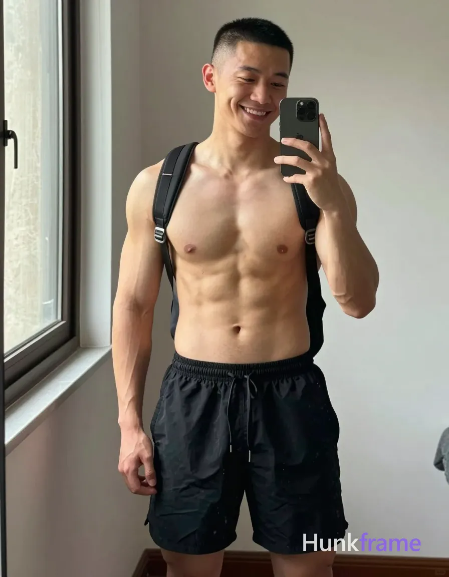 an anonymous figure man with short buzz cut and clean-shaven face smiling broadly, shirtless athletic build displaying defined pectorals and six-pack abs in a tasteful suggestive pose; He stands facing a large mirror holding a dark triple-lens smartphone to capture reflection while left arm relaxes at side; Black drawstring shorts sit mid-thigh with backpack straps over bare shoulders; Soft natural daylight from the left window highlights light-medium tan skin texture against neutral-toned walls and reflective glass; single clean uninterrupted photograph with a cohesive editorial composition and plain continuous surrounding surfaces