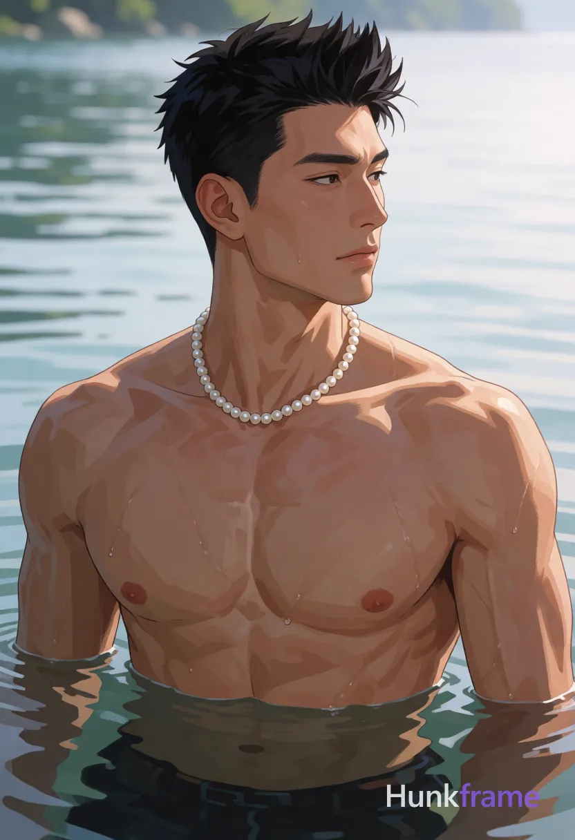 Asian man with tanned skin and short dark black hair styled upward, textured wet appearance from water immersion; Clean-shaven face with calm contemplative gaze directed away to the right; Shirtless upper torso above chest-deep calm body of water, defined pectoral muscles and broad shoulders visible; Wearing a single pearl necklace against bare chest; Lower body submerged out of frame in natural lake or ocean setting; Soft diffused daylight creates sculpted lighting on wet skin with high-contrast reflections; Vertical portrait composition centered on upper torso; fine-art photography aesthetic rendered as polished anime 2.5D next-gen game art style, same aesthetic theme and photo feel as the reference but a different man in a different pose with distinct body proportions, Turkish man, olive skin, aquiline nose, lean hairy chest editorial look; single clean uninterrupted artwork with a cohesive composition and plain continuous surrounding surfaces