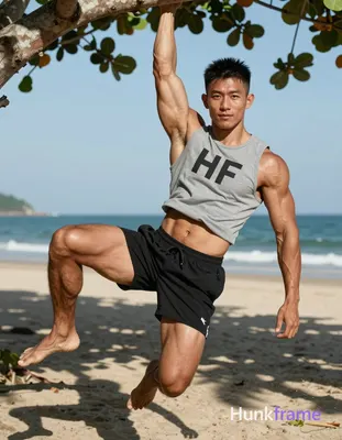 Asian man with tanned skin and short black textured crop top hair, clean-shaven 