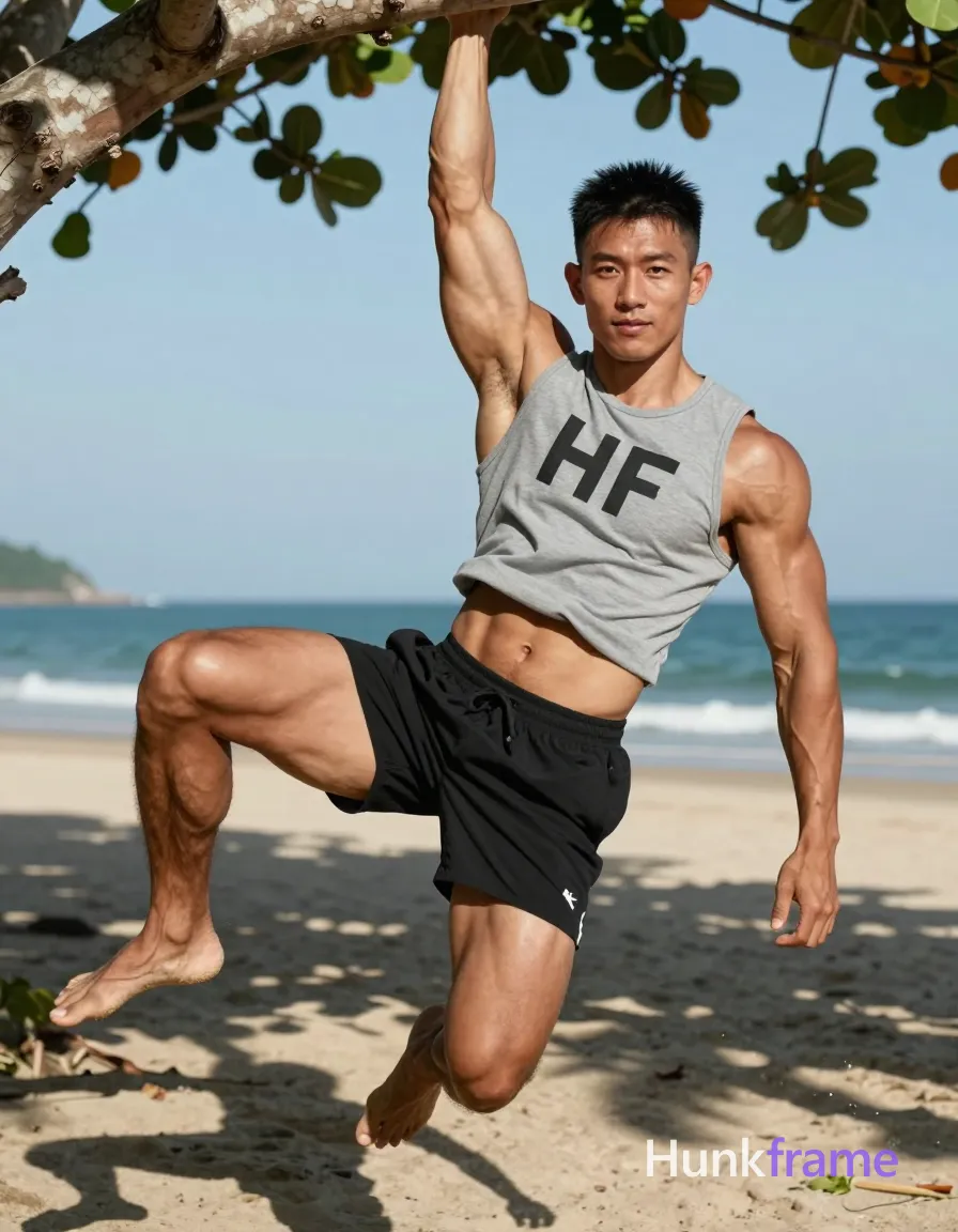 Asian man with tanned skin and short black textured crop top hair, clean-shaven head and square jawline. He hangs from a tree branch on the left side of frame in mid-air suspension, pulling up with right hand while left leg lifts bent at knee, torso leaning back for balance. Wearing gray sleeveless tank top replacing all source text with 'HF' wordmark across chest, black athletic shorts covering lower torso. Arms and legs exposed showing highly muscular build, defined abs, thick thighs, sculpted legs. Natural outdoor beach setting with ocean background and sandy ground beneath. High contrast lighting creates dramatic shadows cast by tree foliage against blue sky. Vertical portrait orientation 13:19 aspect ratio. XHS lifestyle photography style capturing candid iPhone rear-camera snapshot energy, trendy influencer vibe, real scene composition, detailed muscle definition, dynamic athletic mood, focused intense gaze directed at camera. FULL GARMENT TEXT REPLACEMENT: remove every source garment word, sentence, slogan, logo, and partial brand spelling from every existing print area, then replace those source marks with only the wordmark, spelled exactly "HF". This is replacement, never addition: no original source letters may remain beside or behind it. Repeated "HF" marks are allowed only where the source garment already had printed text; preserve appropriate placement, typography, color, and scale. No other visible text, logo, caption, username, hashtag, comment, watermark, or UI chrome., same aesthetic theme and photo feel as the reference but a different man in a different pose with distinct body proportions, Filipino man, golden brown skin, warm smile lines, compact muscular build, a single uninterrupted photograph only, no written words or typography anywhere in frame, no captions, no app UI, no social-media post layout, no screenshot borders