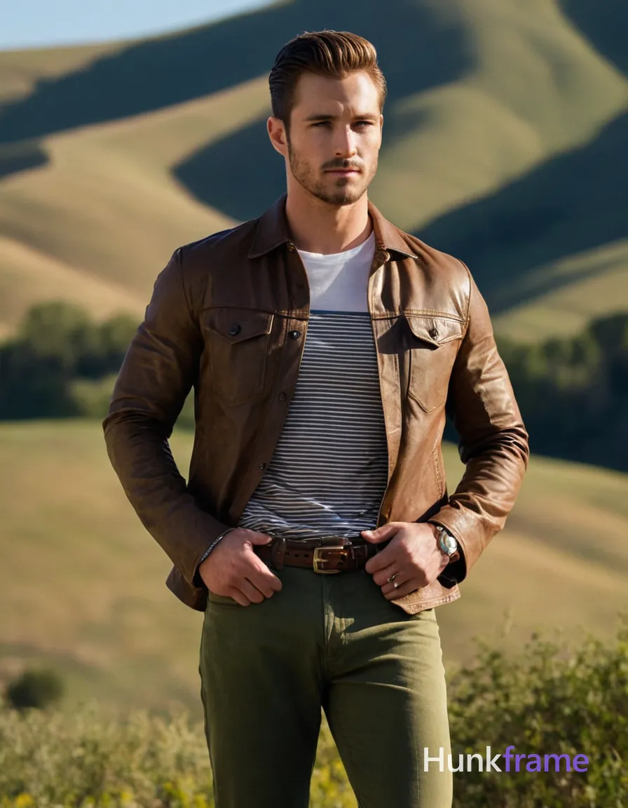 A strong an anonymous figure man stands outdoors in late afternoon, hands together at chest level, dressed in a striped button-up shirt and olive green pants with a brown belt. The background features rolling hills under a clear sky, soft golden light casting warm shadows on his natural skin tone. Camera captures full-body composition highlighting symmetry